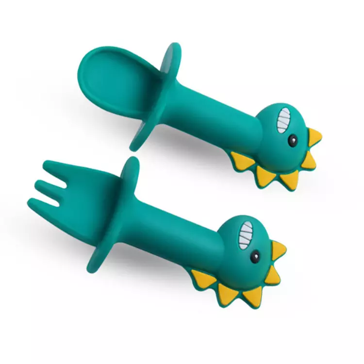 Dinosaur shape silicone baby training Feeding spoon and fork set for Child Toddler